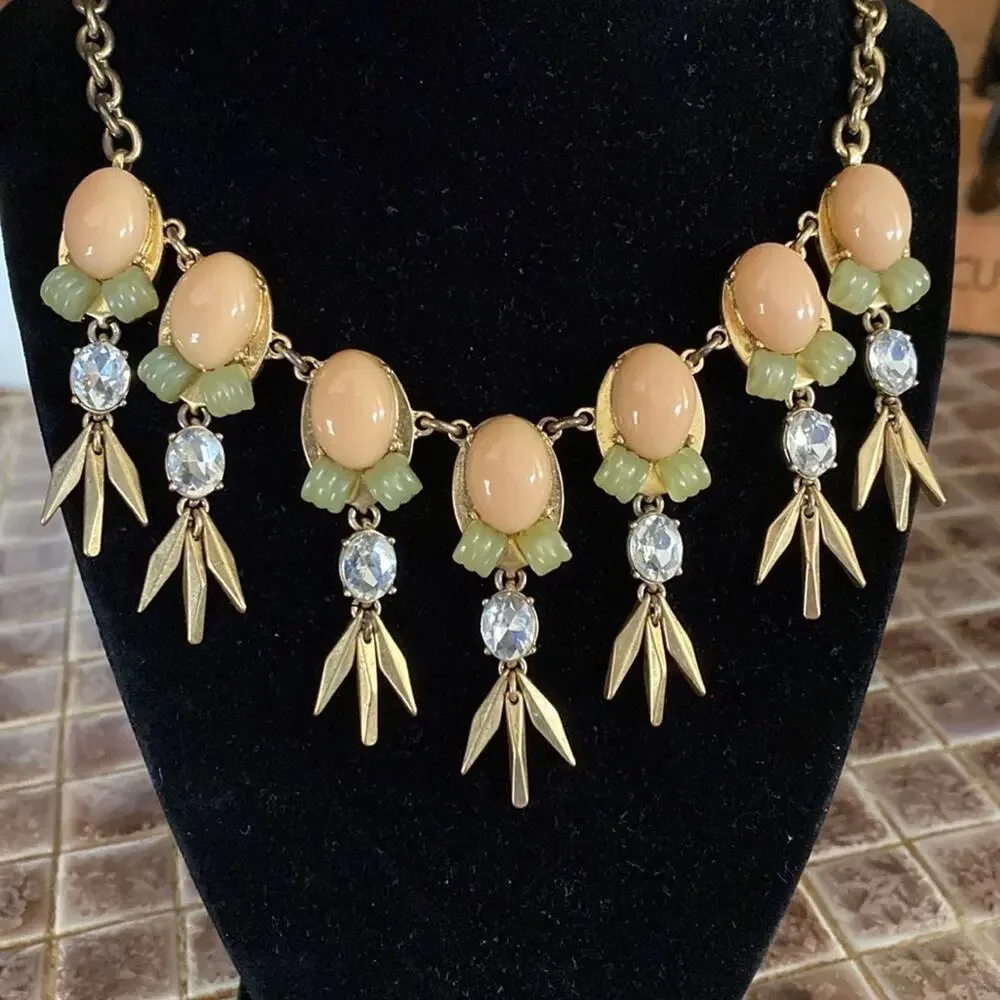 J. Crew peach‎ and gold crystal art deco waterfall statement collar necklace